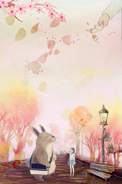 白色兔子矢量图卡通小清新女孩与兔子背景高清图片