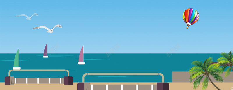 暑假海边度假卡通扁平蓝色背景背景