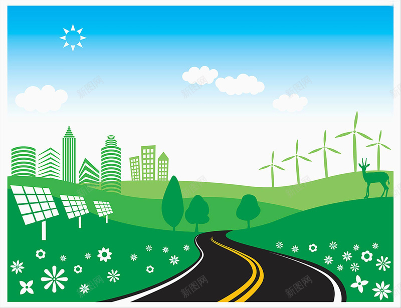 绿色生态友好的背景素材jpg设计背景_新图网 https://ixintu.com 城市剪影 白云 绿色 风车 树 公路 背景 海报