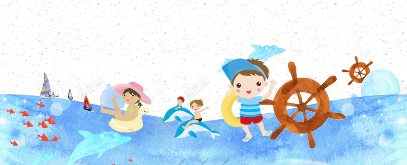 暑假海边玩乐卡通蓝色背景背景