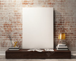 空白磁砖墙靠墙放着的空白无框画高清图片