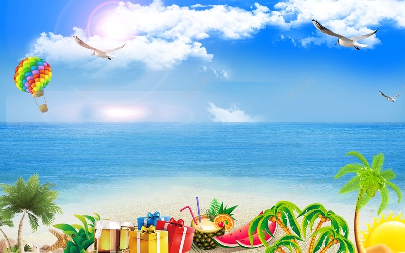 暑假旅游海报背景模板psd设计背景_新图网 https://ixintu.com 海报背景模板 旅游 暑假 白云 蓝天 大海 椰树 沙滩 海滩 西瓜 椰子 礼物