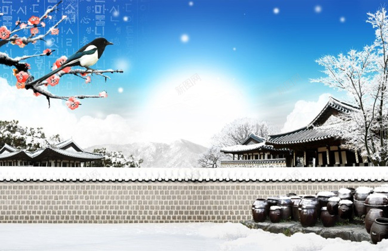 倒春寒古园雪景背景图psd设计背景_新图网 https://ixintu.com 梅花 燕子 围墙 雪 温暖 古园 中国风