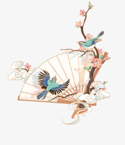 中国风水彩扇子鸟元素素材