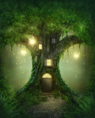 魔幻绿色大树树洞背景背景