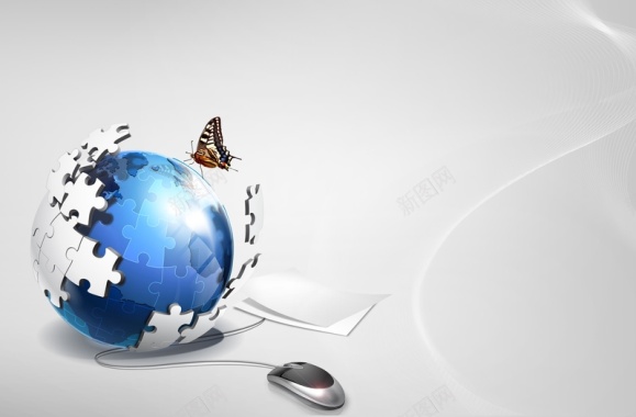 蝴蝶鼠标与地球拼图组成的科技图片背景