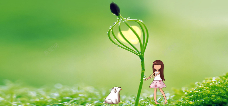绿色小苗背景jpg设计背景_新图网 https://ixintu.com 女孩 插画 植物 生命 绿色 海报banner 卡通 童趣 手绘