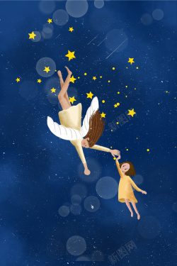 夜晚的梦插画女孩与天使晚安你好海报高清图片
