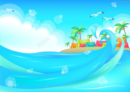 手绘卡通夏日大海旅游平面广告背景