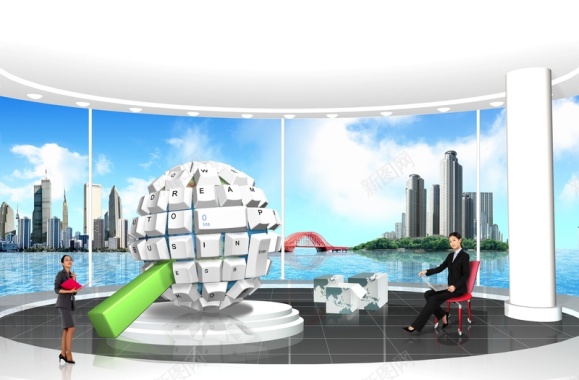 巨型演播大厅中球形键盘与商务人士图片背景