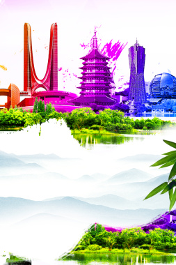 彩绘杭州建筑杭州旅游海报背景素材背景