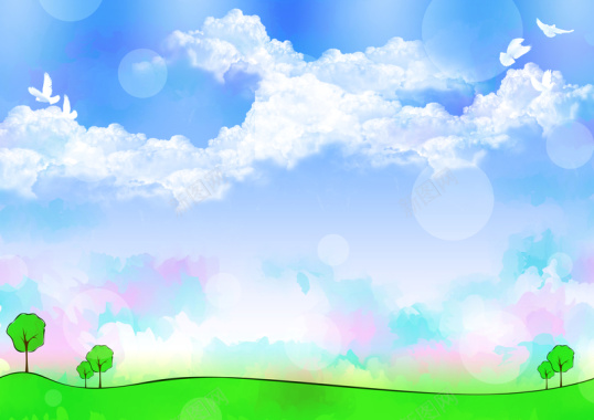 蓝天手绘草地树木背景背景
