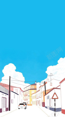 蓝色手绘城市APP手机端H5背景背景