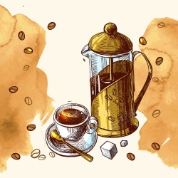 复古咖啡机美式复古西餐手绘线稿咖啡机滴滤壶海报高清图片