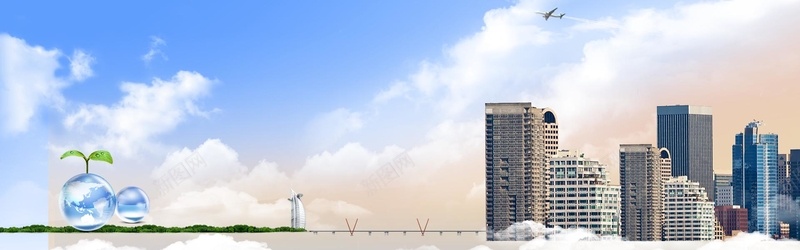 城市建筑蓝天白云海报背景背景