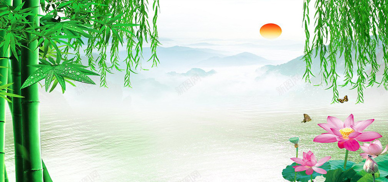 荷花背景图jpg设计背景_新图网 https://ixintu.com 水墨山 波纹 荷叶 荷花 湖 蝴蝶 链路 柳枝 竹子 竹叶 水滴 落日 海报banner