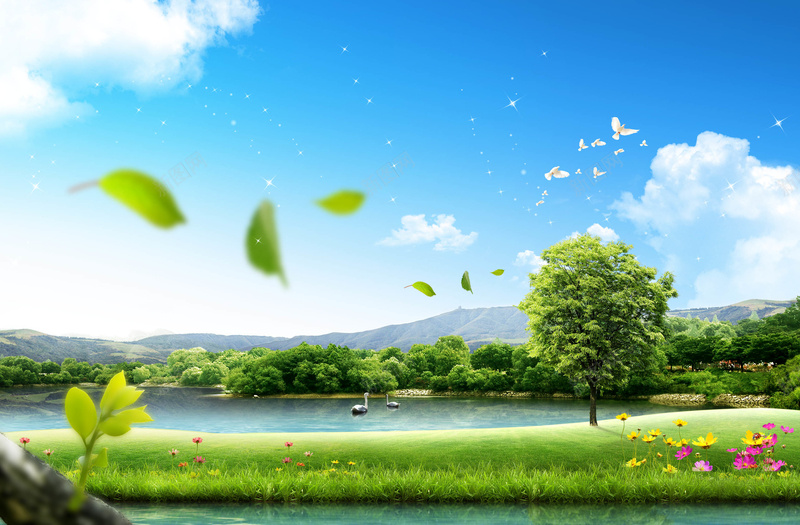 阳光阳光背景素材psd设计背景_新图网 https://ixintu.com 白云 草地 荷塘 蓝天 飞鸟 树木 阳光 素材 背景 阳光背景 阳光素材 背景素材