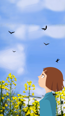 仰望天空的女孩手绘油菜花女孩仰望H5背景高清图片