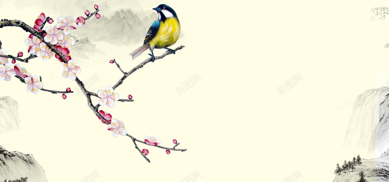 中国风水墨背景psd设计背景_新图网 https://ixintu.com 中国风 水墨 梅花 鸟 山水 背景 浪漫