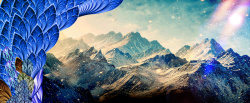 孔雀羽毛梦幻山峰耀眼阳光美丽孔雀蓝色羽毛仙境背景高清图片