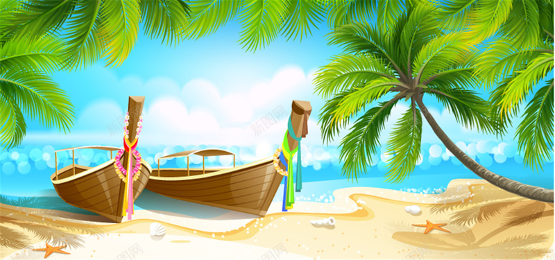 海滩小船背景jpg设计背景_新图网 https://ixintu.com 海滩 小船 椰子树 蓝天 白云 度假 海报banner 卡通 童趣 手绘