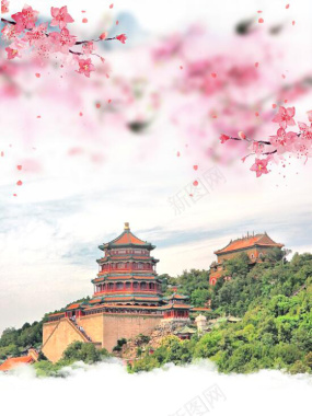 中式花卉古建北京旅游海报背景素材背景