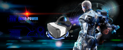戴VR眼镜的机器人VR眼镜科技蓝色海报背景高清图片