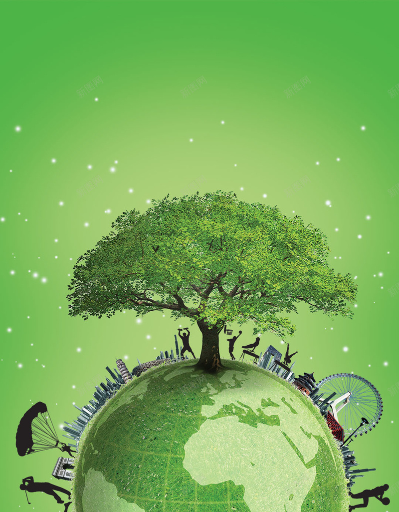 绿色地球H5背景psd设计背景_新图网 https://ixintu.com 人物剪影 科技感 地球 科技 绿色 科幻 大树 商务