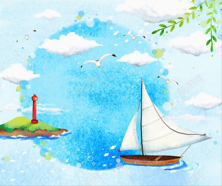 手绘海洋上的帆船背景素材背景