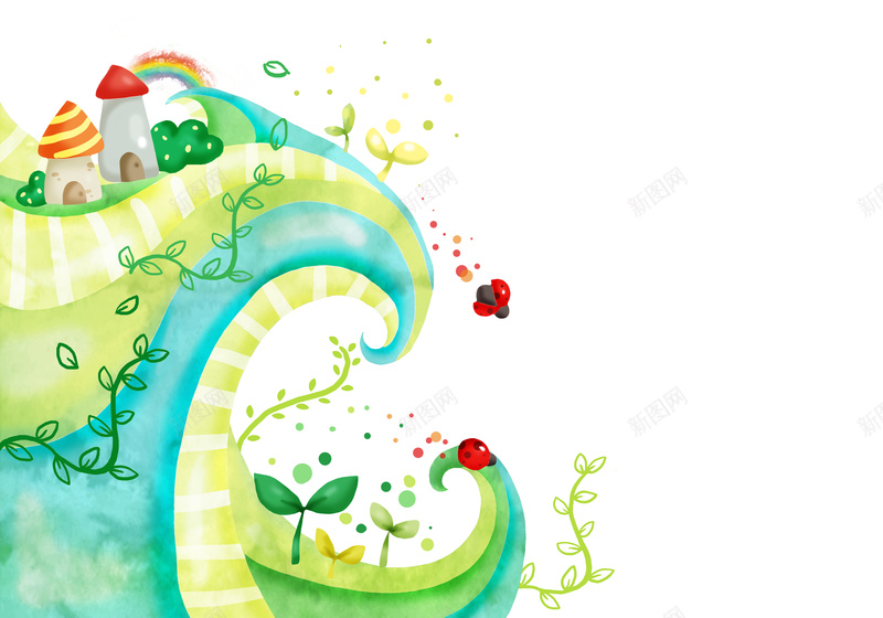 蘑菇房与瓢虫卡通插画海报背景素材psd设计背景_新图网 https://ixintu.com 卡通 可爱 彩虹 插画 植物 蘑菇房与瓢虫图片下载 弯曲 瓢虫 藤蔓 幼苗 嫩苗 圆点