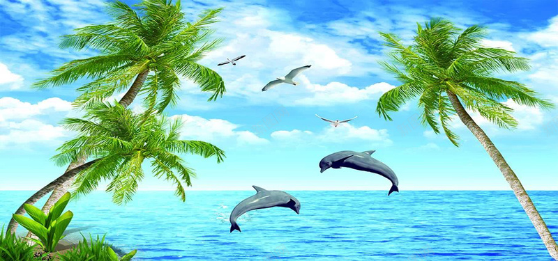 风景背景图jpg设计背景_新图网 https://ixintu.com 风景 海景 海岸 海豚 海鸥 蓝天 白云 海水 椰树 绿色 海报banner 摄影
