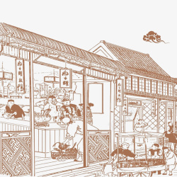 民风手绘饭店中国古代民风民俗国潮风高清图片