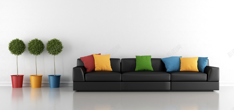 绿色植物与沙发上的枕头jpg设计背景_新图网 https://ixintu.com 绿色植物 黑色沙发 枕头 沙发 简约 家居 海报banner 文艺 小清新