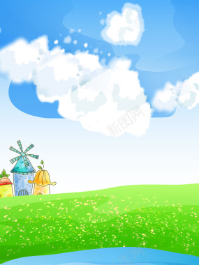 蓝天白云草地绿地房屋手绘背景素材背景