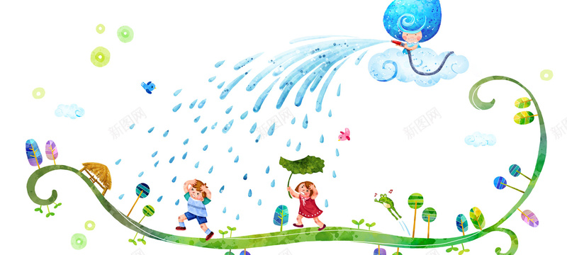 插画背景jpg设计背景_新图网 https://ixintu.com 下雨 小孩 卡通 手绘 树藤 海报banner 童趣