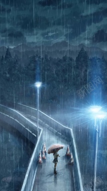 手绘夜晚雨中女生H5背景背景