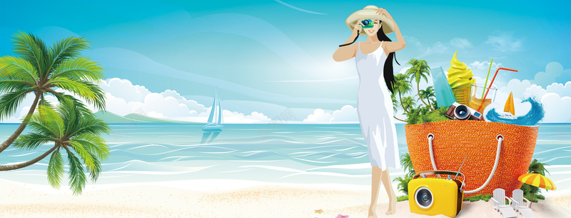暑假海边派对卡通美女手绘椰树蓝天白云背景背景