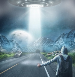 科幻不明飞行物旅行者与UFO背景高清图片