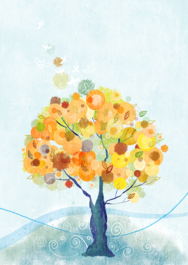 黄色秋季树木插画背景素材背景
