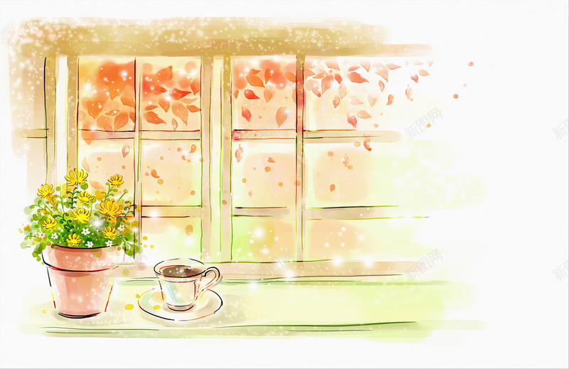 手绘窗户背景素材jpg设计背景_新图网 https://ixintu.com 一杯咖啡 描绘 插画 植物 窗 盆栽 秋季 红叶 背景 海报