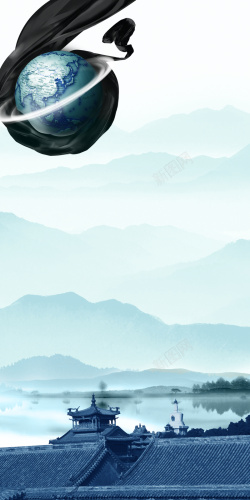 黑色屋檐中国风古典山水背景高清图片