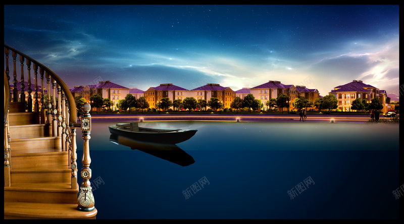 时尚大气楼梯与湖泊背景素材psd设计背景_新图网 https://ixintu.com 时尚背景 酷炫背景 时尚 酷炫 黄昏 黄昏背景 城市 夜景 景色 房地产 房产 湖泊 船 楼梯
