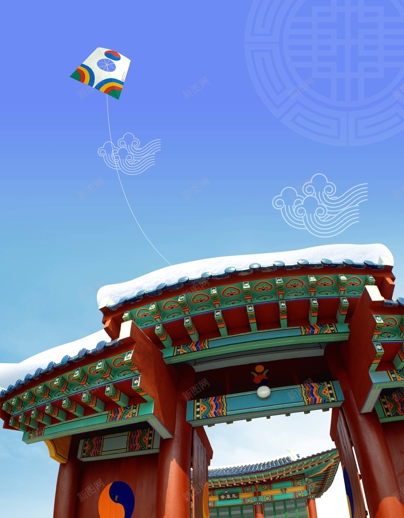 韩国旅游背景素材psd设计背景_新图网 https://ixintu.com 旅游背景 蓝天白云 韩国建筑 风筝
