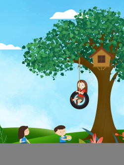 树上的儿童卡通荡秋千海报背景高清图片