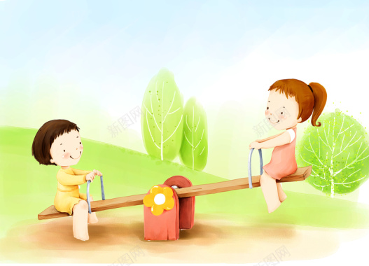 两个儿童地草地上玩跷跷板的卡通图片背景