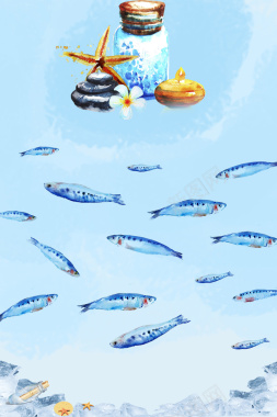 蓝色简约手绘海洋动物鱼类设计主题背景