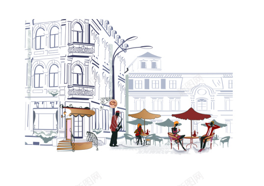 手绘街头咖啡厅浪漫小资背景素材背景