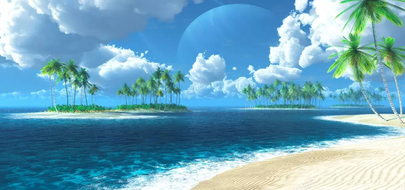 海景图jpg设计背景_新图网 https://ixintu.com 蓝天 白云 自然风景 海水 海滩 椰树 海报banner 摄影 风景