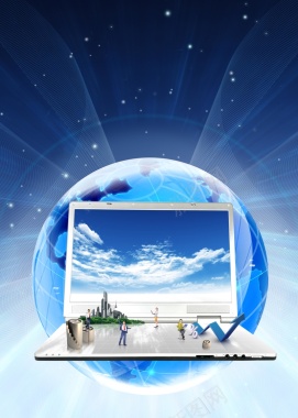 蓝色地球模型托衬笔记本平台的图片背景