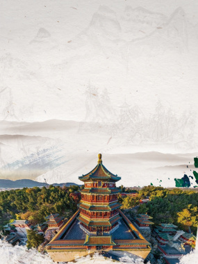中国风大气颐和园旅游海报背景素材背景